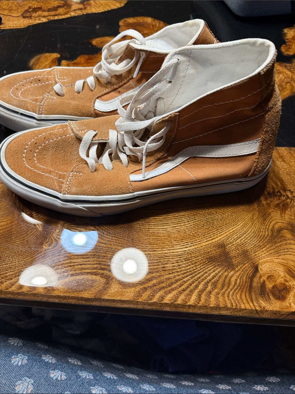 Vans Tan Suede High-Top Sneakers with White Stripe- worn once only!!